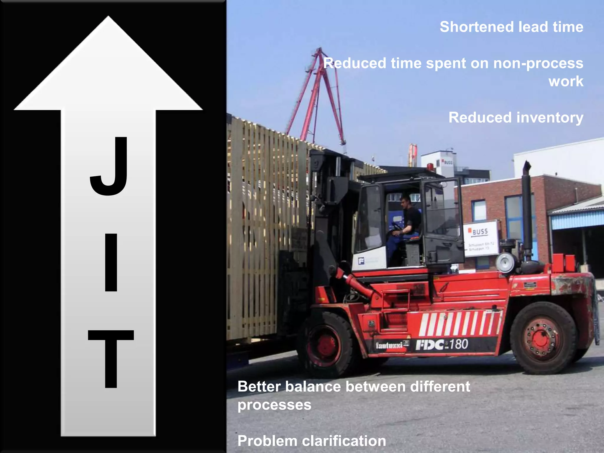 Shortened lead time

                Reduced time spent on non-process
                                             work

                                Reduced inventory



J
I
T   Better balance between different
    processes

    Problem clarification
 