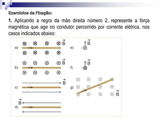 1. Aplicando a regra da mão direita número 2, represente a força
magnética que age no condutor percorrido por corrente elétrica, nos
casos indicados abaixo:

 