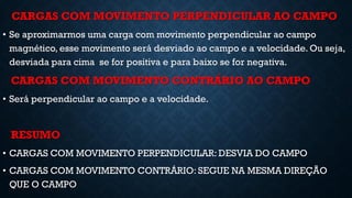 CARGAS COM MOVIMENTO PERPENDICULAR AO CAMPO
• Se aproximarmos uma carga com movimento perpendicular ao campo
magnético, esse movimento será desviado ao campo e a velocidade. Ou seja,
desviada para cima se for positiva e para baixo se for negativa.
CARGAS COM MOVIMENTO CONTRÁRIO AO CAMPO
• Será perpendicular ao campo e a velocidade.
RESUMO
• CARGAS COM MOVIMENTO PERPENDICULAR: DESVIA DO CAMPO
• CARGAS COM MOVIMENTO CONTRÁRIO: SEGUE NA MESMA DIREÇÃO
QUE O CAMPO
 