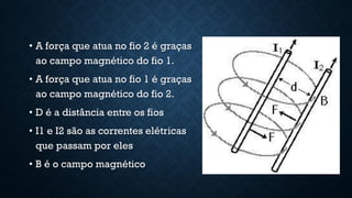 • A força que atua no fio 2 é graças
ao campo magnético do fio 1.
• A força que atua no fio 1 é graças
ao campo magnético do fio 2.
• D é a distância entre os fios
• I1 e I2 são as correntes elétricas
que passam por eles
• B é o campo magnético
 