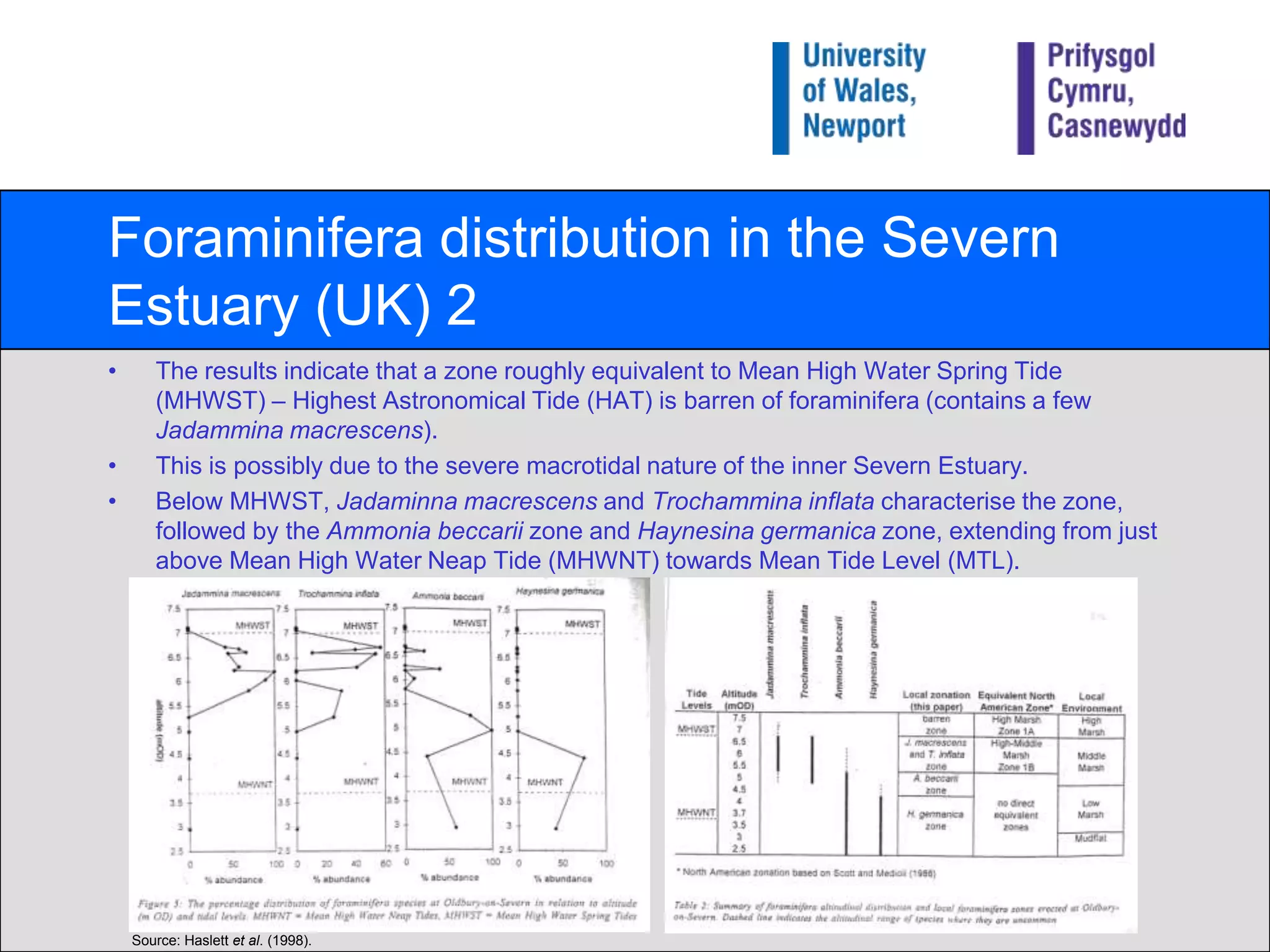 Foraminifera distribution in the Severn Estuary (UK) 2The results indicate that a zone roughly equivalent to Mean High Water Spring Tide (MHWST) – Highest Astronomical Tide (HAT) is barren of foraminifera (contains a few Jadamminamacrescens).This is possibly due to the severe macrotidal nature of the inner Severn Estuary.Below MHWST, Jadaminnamacrescensand Trochamminainflatacharacterise the zone, followed by the Ammonia beccariizone and Haynesinagermanicazone, extending from just above Mean High Water Neap Tide (MHWNT) towards Mean Tide Level (MTL).Source: Haslett et al. (1998).