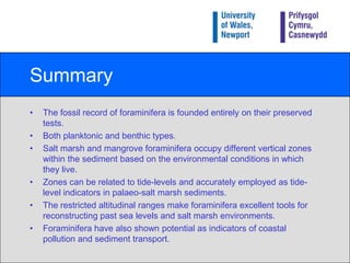 SummaryThe fossil record of foraminifera is founded entirely on their preserved tests.Both planktonic and benthic types.Salt marsh and mangrove foraminifera occupy different vertical zones within the sediment based on the environmental conditions in which they live.Zones can be related to tide-levels and accurately employed as tide-level indicators in palaeo-salt marsh sediments.The restricted altitudinal ranges make foraminifera excellent tools for reconstructing past sea levels and salt marsh environments.Foraminifera have also shown potential as indicators of coastal pollution and sediment transport.