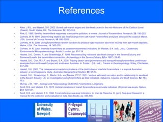 ReferencesAllen, J.R.L. and Haslett, S.K. 2002. Buried salt-marsh edges and tide-level cycles in the mid-Holocene of the Caldicot Level (Gwent), South Wales, UK. The Holocene, 12: 303-324.Alve, E. 1995. Benthic foraminiferal responses to estuarine pollution: a review. Journal of Foraminiferal Research, 25: 190-203.Gehrels, W.R. 1994. Determining relative sea-level change from salt-marsh Foraminifera and plant zones on the coast of Maine, USA. Journal of Coastal Research, 10: 990-1009.Gehrels, W.R. 2000. Using foraminiferal transfer functions to produce high-resolution sea-level records from salt-marsh deposits, Maine, USA. The Holocene, 10: 367-376.Gehrels, W.R. 2002. Intertidal foraminifera as palaeoenvironmental indicators. In: Haslett, S.K. (ed.). 2002. Quaternary Environmental Micropalaeontology. Arnold, London, pp. 91-114.Haslett, S.K., Davies, P. and Strawbridge, F. 1998. Reconstructing Holocene sea-level change in the Severn Estuary and Somerset Levels: the foraminifera connection. Archaeology in the Severn Estuary, 8(for 1997): 29-40.Haslett, S.K., Curr, R.H.F. and Bryant, E.A. 2000. Tracing beach sand provenance and transport using foraminifera: preliminary examples from north-west Europe and south-east Australia. In: Foster, I.D.L. (ed.). Tracers in Geomorphology. Wiley, Chichester, 437-452.Haslett, S.K. 2001. The palaeoenvironmental implications of the distribution of intertidal foraminifera in a tropical Australian estuary: a reconnaissance study. Australian Geographical Studies, 39: 67-74.Haslett, S.K., Strawbridge, F., Martin, N.A. and Davies, C.F.C. 2001. Vertical saltmarsh accretion and its relationship to sea-level in the Severn Estuary, UK: an investigation using foraminifera as tidal indicators. Estuarine, Coastal and Shelf Science, 52: 143-153.Murray, J.W. 1991. Ecology and Palaeoecology of Benthic Foraminifera. Longmans.Scott, D.B. and Medioli, F.S. 1978. Vertical zonations of marsh foraminifera as accurate indicators of former sea-levels. Nature, 272: 528-531.Scott, D.B. and Medioli, F.S. 1986. Foraminifera as sea-level indicators. In: Van de Plassche, O. (ed.). Sea-level Research: a manual for the collection and evaluation of data. Geo Books, pp. 435-456.