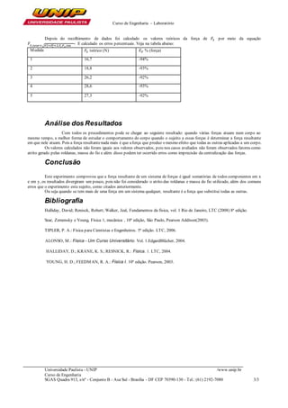 Curso de Engenharia – Laboratório
Universidade Paulista - UNIP /www.unip.br
Curso de Engenharia
SGAS Quadra 913, s/nº - Conjunto B - Asa Sul - Brasília - DF CEP 70390-130 - Tel.: (61) 2192-7080 3/3
Depois do recolhimento de dados foi calculado os valores teóricos da força de 𝐹3 por meio da equação
𝐹3.𝑡𝑒𝑜𝑟=√𝐹1
2+𝐹2
2+2.𝐹1. 𝐹2.cos
. E calculado os erros percentuais. Veja na tabela abaixo:
Medida 𝐹3 teórico (N) 𝐸 𝐹 % (força)
1 16,7 -94%
2 18,8 -93%
3 26,2 -92%
4 28,6 -93%
5 27,3 -92%
Análise dos Resultados
Com todos os procedimentos pode se chegar ao seguinte resultado: quando várias forças atuam num corpo ao
mesmo tempo, a melhor forma de estudar o comportamento do corpo quando o sujeito a essas forças é determinar a força resultante
em que nele atuam. Pois a força resultantenada mais é que aforça que produz o mesmo efeito que todas as outras aplicadas a um corpo.
Os valores calculados não foram iguais aos valores observados, pois nos casos avaliados não foram observados fatores como
atrito gerado pelas roldanas, massa do fio e além disso podem ter ocorrido erros como imprecisão da centralização das forças.
Conclusão
Este experimento comprovou que a força resultante de um sistema de forças é igual somatórias de todos componentes em x
e em y, os resultados divergiram um pouco, pois não foi considerado o atrito das roldanas e massa do fio utilizado, além dos comuns
erros que o experimento esta sujeito, como citados anteriormente.
Ou seja quando se tem mais de uma força em um sistema qualquer, resultante é a força que substitui todas as outras.
Bibliografia
Halliday, David; Renisck, Robert; Walker, Jeal, Fundamentos da física, vol. 1 Rio de Janeiro, LTC (2008) 8ª edição.
Sear, Zemensky e Young, Física 1, mecânica , 10ª edição, São Paulo, Pearson Addison(2003).
TIPLER, P. A.: Física para Cientistas e Engenheiros. 5ª edição. LTC, 2006.
ALONSO, M.: Física - Um Curso Universitário. Vol. 1.EdgardBlücher, 2004.
HALLIDAY, D.; KRANE, K. S.; RESNICK, R.: Física. 1. LTC, 2004.
YOUNG, H. D.; FEEDMAN, R. A.: Física I. 10ª edição. Pearson, 2003.
 