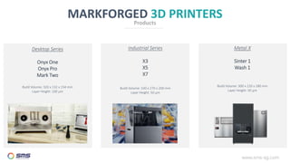 MARKFORGED 3D PRINTERS
Products
Desktop Series
Onyx One
Onyx Pro
Mark Two
Build Volume: 320 x 132 x 154 mm
Layer Height: 100 µm
Industrial Series
X3
X5
X7
Build Volume: 330 x 270 x 200 mm
Layer Height: 50 μm
Metal X
Sinter 1
Wash 1
Build Volume: 300 x 220 x 180 mm
Layer Height: 50 µm
 