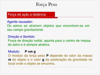 Força Peso
Força de ação a distância
Agente causador: !
Os astros ao atraírem objetos que encontram-se em
seu campo gravitacional.
Modulo: P =m g!
O modulo da força peso P depende do valor da massa
m do objeto e o valor g da aceleração da gravidade no
local onde o objeto se encontra.
Direção e Sentido: !
Força de direção radial, aponta para o centro de massa
do astro e é sempre atrativa.
 