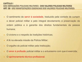 CAPÍTULO IDAS OBRIGAÇÕES POLICIAIS MILITARES - DOS VALORES POLICIAIS MILITARESArt 37 – valores institucionaisDA ORGANIZAÇÃO:A dignidade do homem;A disciplina;A hierarquia;A credibilidade;A ética;A efetividade;A solidariedade;A capacitação profissional;A doutrina;A tradição