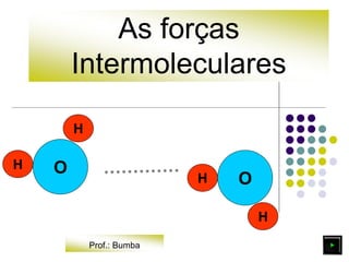 As forças
Intermoleculares
O
H
H
H
H O
Prof.: Bumba
 