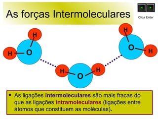 As forças Intermoleculares As ligações  intermoleculares   são mais fracas do que as ligações  intramoleculares   (ligações entre átomos que constituem as moléculas) .   O H H H H O O H H Clica Enter 