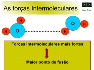 As forças Intermoleculares Forças intermoleculares mais fortes Maior ponto de fusão O H H O H H Clica Enter 