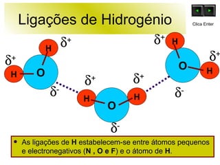 Ligações de Hidrogénio As ligações de  H  estabelecem-se entre átomos pequenos e electronegativos ( N , O e F ) e o átomo de  H . O H H H H O O H H  +  -  +  +  +  +  +  -  - Clica Enter 