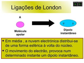 Ligações de London Em média , a nuvem electrónica distribui-se de uma forma esférica à volta do núcleo. O movimento do electrão, provoca num determinado instante um dipolo instantâneo. A Molécula apolar Dipolo  instantâneo  +  - 