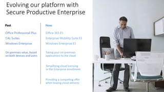 Evolving our platform with
Secure Productive Enterprise
Office Professional Plus
CAL Suites
Windows Enterprise
Now
Office 365 E5
Enterprise Mobility Suite E5
Windows Enterprise E5
Taking your on-premises
applications to the cloud
Simplifying cloud licensing
in the Enterprise enrollment
Providing a compelling offer
when buying cloud services
On premises value, based
on both devices and users
 