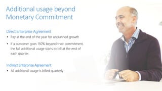Additional usage beyond
Monetary Commitment
• Pay at the end of the year for unplanned growth
• If a customer goes 150% beyond their commitment,
the full additional usage starts to bill at the end of
each quarter.
• All additional usage is billed quarterly
Direct Enterprise Agreement
IndirectEnterpriseAgreement
 