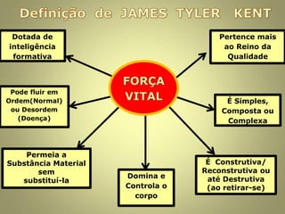 Dotada de
inteligência
formativa
Pode fluir em
Ordem(Normal)
ou Desordem
(Doença)
Permeia a
Substância Material
sem
substituí-la
Domina e
Controla o
corpo
É Simples,
Composta ou
Complexa
Pertence mais
ao Reino da
Qualidade
É Construtiva/
Reconstrutiva ou
até Destrutiva
(ao retirar-se)
 