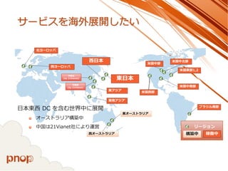 サービスを海外展開したい 
日本東西DC を含む世界中に展開 
オーストラリア構築中 
中国は21Vianet社により運営  