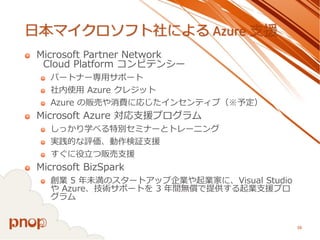 日本マイクロソフト社によるAzure 支援 
Microsoft Partner NetworkCloud Platform コンピテンシー 
パートナー専用サポート 
社内使用Azure クレジット 
Azure の販売や消費に応じたインセンティブ（※予定） 
Microsoft Azure 対応支援プログラム 
しっかり学べる特別セミナーとトレーニング 
実践的な評価、動作検証支援 
すぐに役立つ販売支援 
Microsoft BizSpark 
創業5 年未満のスタートアップ企業や起業家に、Visual Studio やAzure、技術サポートを3 年間無償で提供する起業支援プロ グラム 
38 
 