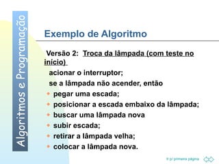Exemplo de Algoritmo 
Versão 2: Troca da lâmpada (com teste no 
início) 
 acionar o interruptor; 
 se a lâmpada não acender, então 
 pegar uma escada; 
 posicionar a escada embaixo da lâmpada; 
 buscar uma lâmpada nova 
 subir escada; 
 retirar a lâmpada velha; 
 colocar a lâmpada nova. Algoritmos e Programação 
Ir p/ primeira página 
 