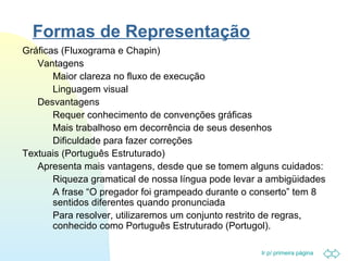 Ir p/ primeira página 
Formas de Representação 
 Gráficas (Fluxograma e Chapin) 
 Vantagens 
 Maior clareza no fluxo de execução 
 Linguagem visual 
 Desvantagens 
 Requer conhecimento de convenções gráficas 
 Mais trabalhoso em decorrência de seus desenhos 
 Dificuldade para fazer correções 
 Textuais (Português Estruturado) 
 Apresenta mais vantagens, desde que se tomem alguns cuidados: 
 Riqueza gramatical de nossa língua pode levar a ambigüidades 
 A frase “O pregador foi grampeado durante o conserto” tem 8 
sentidos diferentes quando pronunciada 
 Para resolver, utilizaremos um conjunto restrito de regras, 
conhecido como Português Estruturado (Portugol). 
 