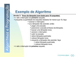 Exemplo de Algoritmo Versão 3:  Troca da lâmpada (com teste para 10 soquetes)      ir até o interruptor do  primeiro  soquete;    enquanto a quantidade de soquetes testados for menor que 10, faça      acionar o interruptor;      se a lâmpada não acender, então      pegar uma escada;      posicionar a escada embaixo da lâmpada;      buscar uma lâmpada nova;      acionar o interruptor;      subir na escada;      retirar lâmpada queimada;      colocar lâmpada nova;      enquanto a lâmpada não acender, faça      retirar lâmpada queimada;      colocar lâmpada nova;    ir até o interruptor do  próximo  soquete; Algoritmos e Programação 