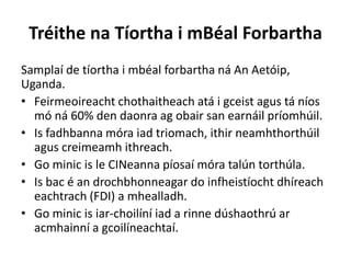 Tréithe na Tíortha i mBéal Forbartha
Samplaí de tíortha i mbéal forbartha ná An Aetóip,
Uganda.
• Feirmeoireacht chothaitheach atá i gceist agus tá níos
mó ná 60% den daonra ag obair san earnáil príomhúil.
• Is fadhbanna móra iad triomach, ithir neamhthorthúil
agus creimeamh ithreach.
• Go minic is le CINeanna píosaí móra talún torthúla.
• Is bac é an drochbhonneagar do infheistíocht dhíreach
eachtrach (FDI) a mhealladh.
• Go minic is iar-choilíní iad a rinne dúshaothrú ar
acmhainní a gcoilíneachtaí.
 