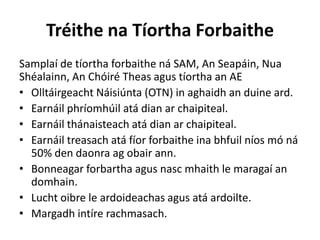 Tréithe na Tíortha Forbaithe
Samplaí de tíortha forbaithe ná SAM, An Seapáin, Nua
Shéalainn, An Chóiré Theas agus tíortha an AE
• Olltáirgeacht Náisiúnta (OTN) in aghaidh an duine ard.
• Earnáil phríomhúil atá dian ar chaipiteal.
• Earnáil thánaisteach atá dian ar chaipiteal.
• Earnáil treasach atá fíor forbaithe ina bhfuil níos mó ná
50% den daonra ag obair ann.
• Bonneagar forbartha agus nasc mhaith le maragaí an
domhain.
• Lucht oibre le ardoideachas agus atá ardoilte.
• Margadh intíre rachmasach.
 