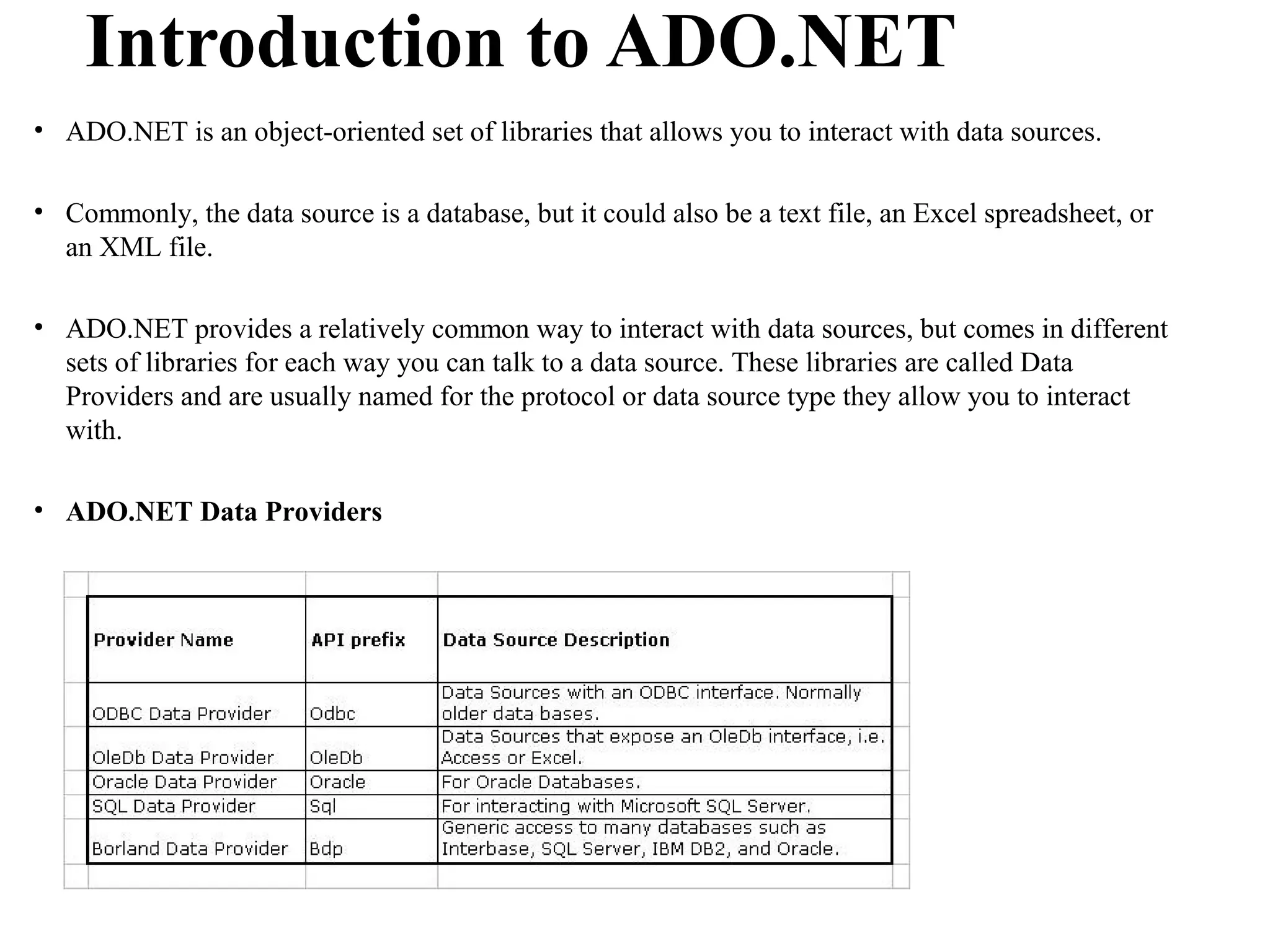 Introduction to ADO.NET
• ADO.NET is an object-oriented set of libraries that allows you to interact with data sources.

• Commonly, the data source is a database, but it could also be a text file, an Excel spreadsheet, or
  an XML file.

• ADO.NET provides a relatively common way to interact with data sources, but comes in different
  sets of libraries for each way you can talk to a data source. These libraries are called Data
  Providers and are usually named for the protocol or data source type they allow you to interact
  with.

• ADO.NET Data Providers
 