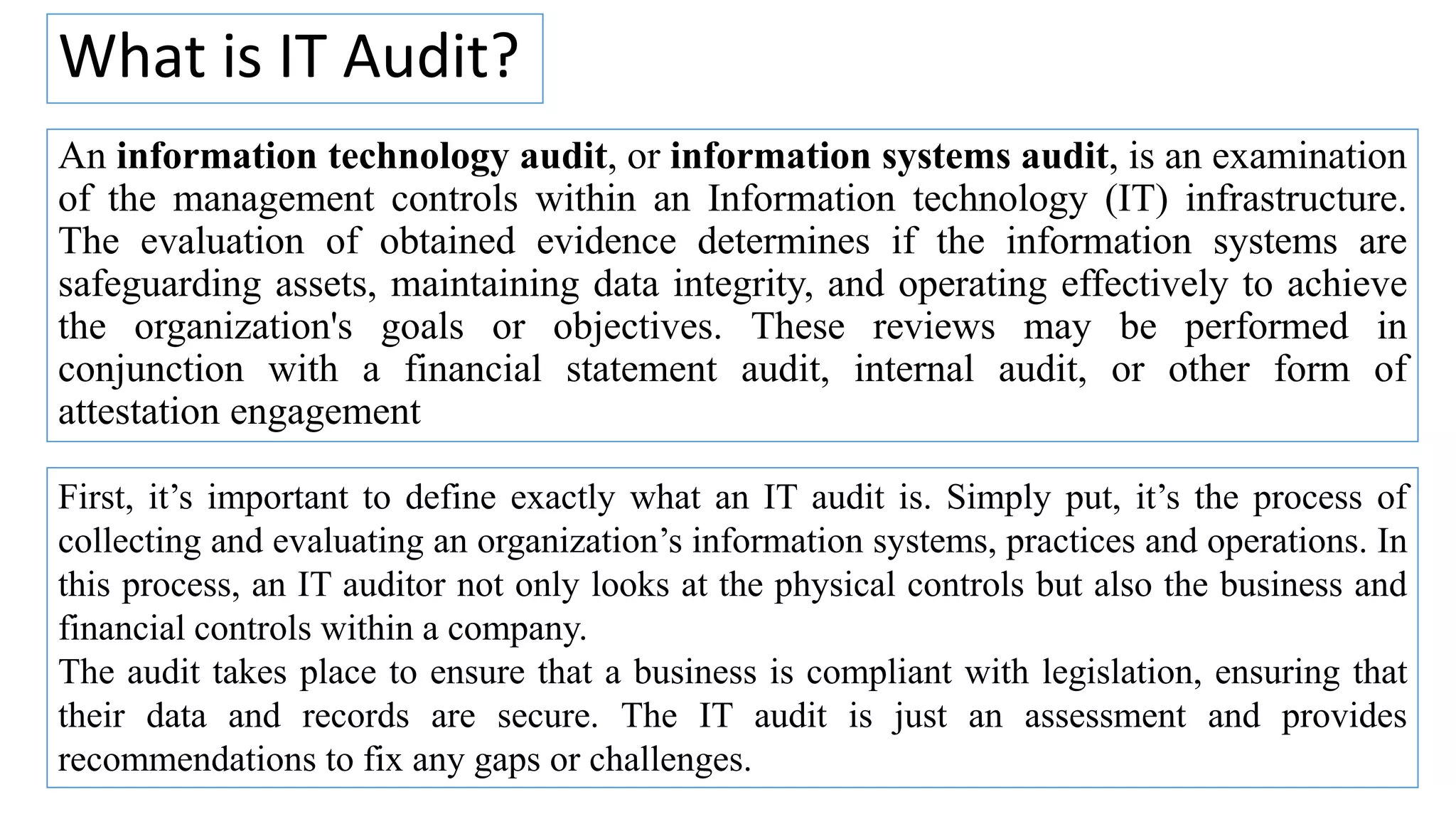 What is IT Audit?
An information technology audit, or information systems audit, is an examination
of the management controls within an Information technology (IT) infrastructure.
The evaluation of obtained evidence determines if the information systems are
safeguarding assets, maintaining data integrity, and operating effectively to achieve
the organization's goals or objectives. These reviews may be performed in
conjunction with a financial statement audit, internal audit, or other form of
attestation engagement
First, it’s important to define exactly what an IT audit is. Simply put, it’s the process of
collecting and evaluating an organization’s information systems, practices and operations. In
this process, an IT auditor not only looks at the physical controls but also the business and
financial controls within a company.
The audit takes place to ensure that a business is compliant with legislation, ensuring that
their data and records are secure. The IT audit is just an assessment and provides
recommendations to fix any gaps or challenges.
 