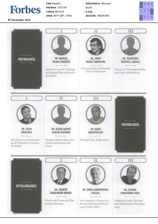 PAÍS: 
España 
PÁGINAS: 
TARIFA: 
120-128 
80131 € 
DR. MANUEL 
PRAGA TERENTE 
Jefe del servicio de Nefrologia 
del Hospital Doce de Octubre 
de Madrid 
FRECUENCIA: 
O.J.D.: 
E.G.M.: 
Mensual 
DR. JOSEP 
MARIAC AMPISTOL 
Director mddico de] Hospital 
( :linic de Barcelona 
DR. FRANCISCO 
MADUELCLA NALS 
Servicio de Nefrologia det 
pital Clinic de Barcelona. 
II 
DR. JULIO 
ANCOCHEA 
Jefc del servicio de Neumolo 
gia del Hospital ka Prmcesa, 
de Xladrid 
DR. ~LVARA GUST~ 
GARC~AN AVARRO 
Hospital Clinic de Barcelona 
Director del Instituto del 
Tdrax. 
DR. MARC 
MIRAVITLLES 
Hospital (:linic de Barcelona 
DR. JO&QU[N 
BARRAQUEMR ONER 
I )irector del Centro de Ofital 
mologia Barraquer 
DR. BOR,JAC ORCOSTEGUI 
GURAYA 
Socio tundador y director md-dico 
del Instituto de Microci-rugia 
t)cular {IMO) 
I 111 ] 
DR. ~LVARO 
FERN/~NDEZ-VEGA 
Subdirector m6dico del lnsti 
tuto Oftalmol6gico Fern~ndez 
Vega. 
SECCIÓN: 
ÁREA: 
MEDICINA 
3671 CM² - 706% 
1 Diciembre, 2014 
 