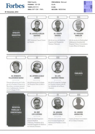 PAÍS: 
España 
PÁGINAS: 
TARIFA: 
120-128 
80131 € 
DR. AGUSTINA LBILLOS 
MART[NEZ 
MI) Anderson Cancer Center 
de Madrid. 
FRECUENCIA: 
O.J.D.: 
E.G.M.: 
Mensual 
IIIL JOAQUiN 
HINOJOSA 
le~ de servici~ de Medicina 
Digcstiva del Hospital de 
Manises ! Valencia) 
DR. FERNANDO 
GOMOLL~N 
Inttarna~oria Intestinal del 
Hospital Clinico Universitario 
Lozano Blesa de Zaragoza. 
DR. HUMBERTO 
VILLAVICENCMIOA VRIC 
Director del servicio de L rolo-gia 
de la Fundaci6 Puigvert cn 
Barcelona y secrctario general 
tie la ¢. ;ontedcracion.~ .mcrica 
na de Urologia I (;At21 
DR. ANTONIOAL CARAZ 
ASENSIO 
Jefe del servicio de Urologia 
del Hospital Clinic de Barcc 
DR. LUIS 
MART~NEPIZ~ IEIRO 
Jefe de la Unidad de Urologia 
dell |ospital In fanta Sofia de 
San Sd>asti,in de los P,,eyes 
!Madridi 
DR. JOS~ 
LUIS LLISTERRI 
Centro de Salud lngcnicro 
Joaquin Benlloch 
(Valencia). Presidente de 
Sociedad Espaflola de M&ticos 
de Atenci6n Primaria 
DR. ARMANDO 
MARTINZ URRO 
Micmbro dcl (~omit~ Ascsor 
de la Sociedad Espaflola de 
Medicma de Familia y Comu 
nitaria 
DR. LORENZO 
ARRIBASM IR 
Centro de Salud U nivcrsitario 
de La Chana (Granada) 
SECCIÓN: 
ÁREA: 
MEDICINA 
3671 CM² - 706% 
1 Diciembre, 2014 
