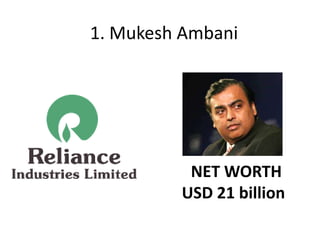 1. Mukesh Ambani




          NET WORTH
         USD 21 billion
 