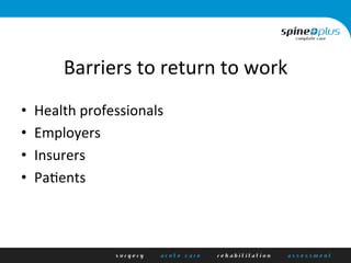 Barriers	
  to	
  return	
  to	
  work	
  
•  Health	
  professionals	
  
•  Employers	
  
•  Insurers	
  
•  Pa+ents	
  
 