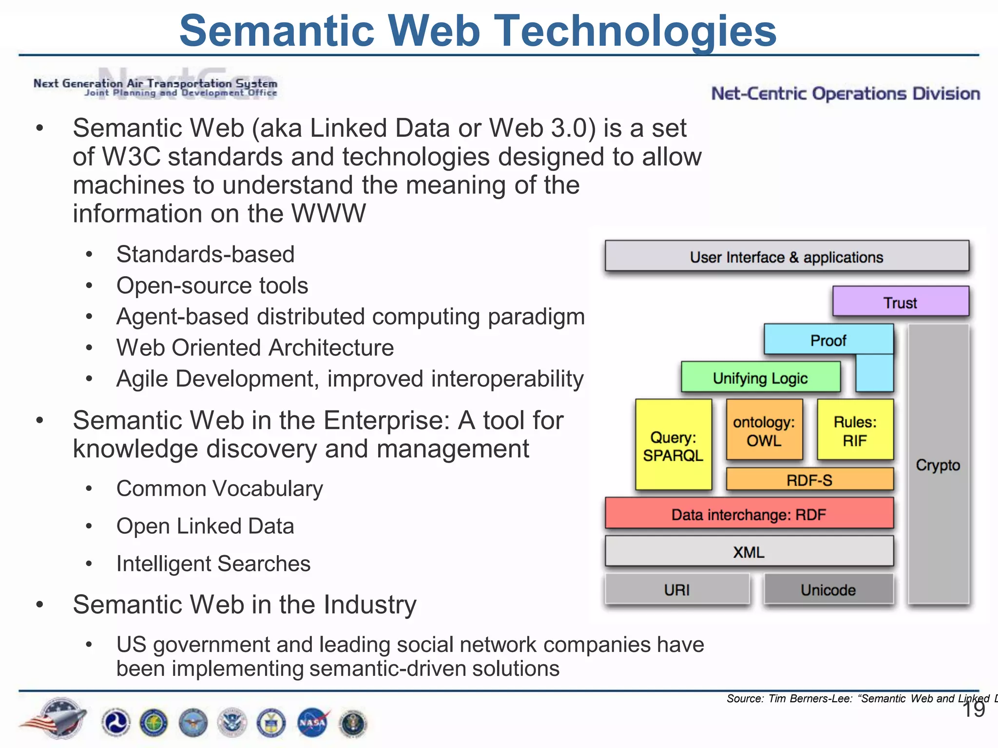 Semantic Web Technologies

•   Semantic Web (aka Linked Data or Web 3.0) is a set
    of W3C standards and technologies designed to allow
    machines to understand the meaning of the
    information on the WWW
     •   Standards-based
     •   Open-source tools
     •   Agent-based distributed computing paradigm
     •   Web Oriented Architecture
     •   Agile Development, improved interoperability
•   Semantic Web in the Enterprise: A tool for
    knowledge discovery and management
     •   Common Vocabulary
     •   Open Linked Data
     •   Intelligent Searches
•   Semantic Web in the Industry
     •   US government and leading social network companies have
         been implementing semantic-driven solutions
                                                                   Source: Tim Berners-Lee: “Semantic Web and Linked D
                                                                                                              19
 