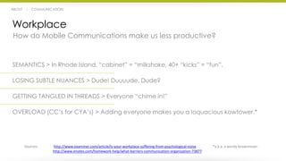 ABOUT | COMMUNICATION 
Workplace 
How do Mobile Communications make us less productive? 
SEMANTICS > In Rhode Island, “cabinet” = “milkshake, 40+ “kicks” = “fun”. 
LOSING SUBTLE NUANCES > Dude! Duuuude. Dude? 
GETTING TANGLED IN THREADS > Everyone “chime in!” 
OVERLOAD (CC’s for CYA’s) > Adding everyone makes you a loquacious kowtower.* 
Sources: http://www.examiner.com/article/is-your-workplace-suffering-from-psychological-noise 
http://www.enotes.com/homework-help/what-barriers-communication-organization-73877 
*a.k.a. a wordy brownnoser. 
 