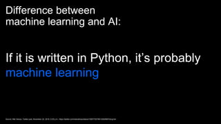 Difference between
machine learning and AI:
If it is written in Python, it’s probably
machine learning
Source: Mat Veloso, Twitter post, November 22, 2018, 5:25 p.m., https://twitter.com/matvelloso/status/1065778379612282885?lang=en
 