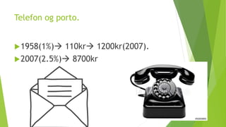 Telefon og porto.
1958(1%) 110kr 1200kr(2007).
2007(2.5%) 8700kr
 