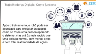 Trabalhadores Digitais: Como funciona
Após o treinamento, o robô pode ser
agendado para executar os passos
como se fosse uma pessoa operando
o sistema, mas até 5x mais rápido que
uma pessoa normal, com menos erros
e com total rastreabilidade da ações.
 