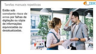 Tarefas manuais repetitivas
Estão sob
constante risco de
erros por falhas de
digitação ou cópia
de informações
equivocadas...