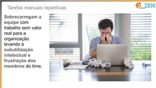 Tarefas manuais repetitivas
Sobrecarregam a
equipe com
trabalho sem valor
real para a
organização
levando à
subutilização
intelectual e
frustração dos
membros do time.
 