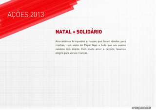 AÇÕES 2013
Arrecadamos brinquedos e roupas que foram doados para
creches, com visita do Papai Noel e tudo que um evento
natalino tem direito. Com muito amor e carinho, levamos
alegria para várias crianças.
NATAL + SOLIDÁRIONATAL + SOLIDÁRIONATAL + SOLIDÁRIO
#FORÇADOBEM
 