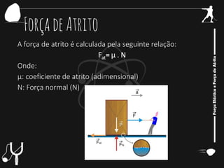 ForçadeAtrito
A força de atrito é calculada pela seguinte relação:
Fat= μ . N
Onde:
μ: coeficiente de atrito (adimensional)
N: Força normal (N)
 