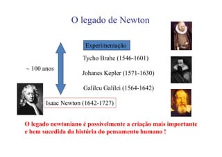 O legado de Newton

                     Experimentação
                    Tycho Brahe (1546-1601)
~ 100 anos
                    Johanes Kepler (1571-1630)

                    Galileu Galilei (1564-1642)

       Isaac Newton (1642-1727)


O legado newtoniano é possivelmente a criação mais importante
e bem sucedida da história do pensamento humano !
 