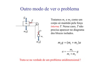 Outro modo de ver o problema
   r
   N      r
          T               Tratamos m1 e m2 como um
                          corpo só mantido pela força
                          interna T. Nesse caso, T não
      r         r         precisa aparecer no diagrama
   m1 g         T′
                          dos blocos isolados.

                 r
              m2 g             m2 g = (m1 + m2 )a

                                        m2
                                   a=         g
                                      m1 + m2

Trata-se na verdade de um problema unidimensional !
 