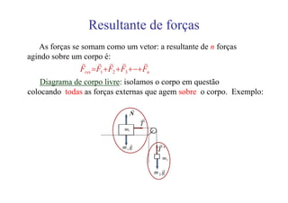 Resultante de forças
   As forças se somam como um vetor: a resultante de n forças
agindo sobre um corpo é:
                r      r r r               r
                Fres = F1 + F2 + F3 + ⋅⋅⋅+ Fn
    Diagrama de corpo livre: isolamos o corpo em questão
colocando todas as forças externas que agem sobre o corpo. Exemplo:
                             r
                             N
                                  r
                                  T

                              r       r
                           m1 g       T′

                                        r
                                      m2g
 