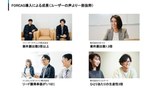 FORCAS導入による成果（ユーザーの声より一部抜粋）
 
ソニーマーケティング株式会社 
案件創出数2倍以上  
コニカミノルタジャパン株式会社 
リード獲得単価が1/10に  
株式会社カオナビ 
案件創出数1.3倍 
株式会社ウィルゲート 
ひとりあたりの生産性3倍  
 