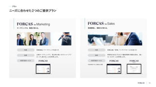 プラ
ン
ニーズに合わせた２つのご提供プラ
ン
営業戦略と、提案力が変わる。
営業推進／マーケティ
ングを担う方
※各単体でのご契約も可能
対象
効果
利用可能サービス
企業ターゲティ
ングで、受注率の高いセグメン
トへアプ
ローチし続けるしく
みを実現します。
ターゲテ
ィ
ングの、精度が変わる。
営業企画／営業／インサイ
ドセールスを担う方
対象
効果
利用可能サービス
再現性のあるプロセスで顧客理解の精度を高め、強い
セールスチームを実現します。
10
 
