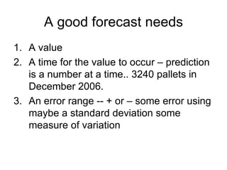 A good forecast needs A value A time for the value to occur – prediction is a number at a time.. 3240 pallets in December 2006. An error range -- + or – some error using maybe a standard deviation some measure of variation