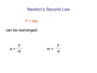 Newton’s Second Law F = ma can be rearranged: a = F m =  F m a 