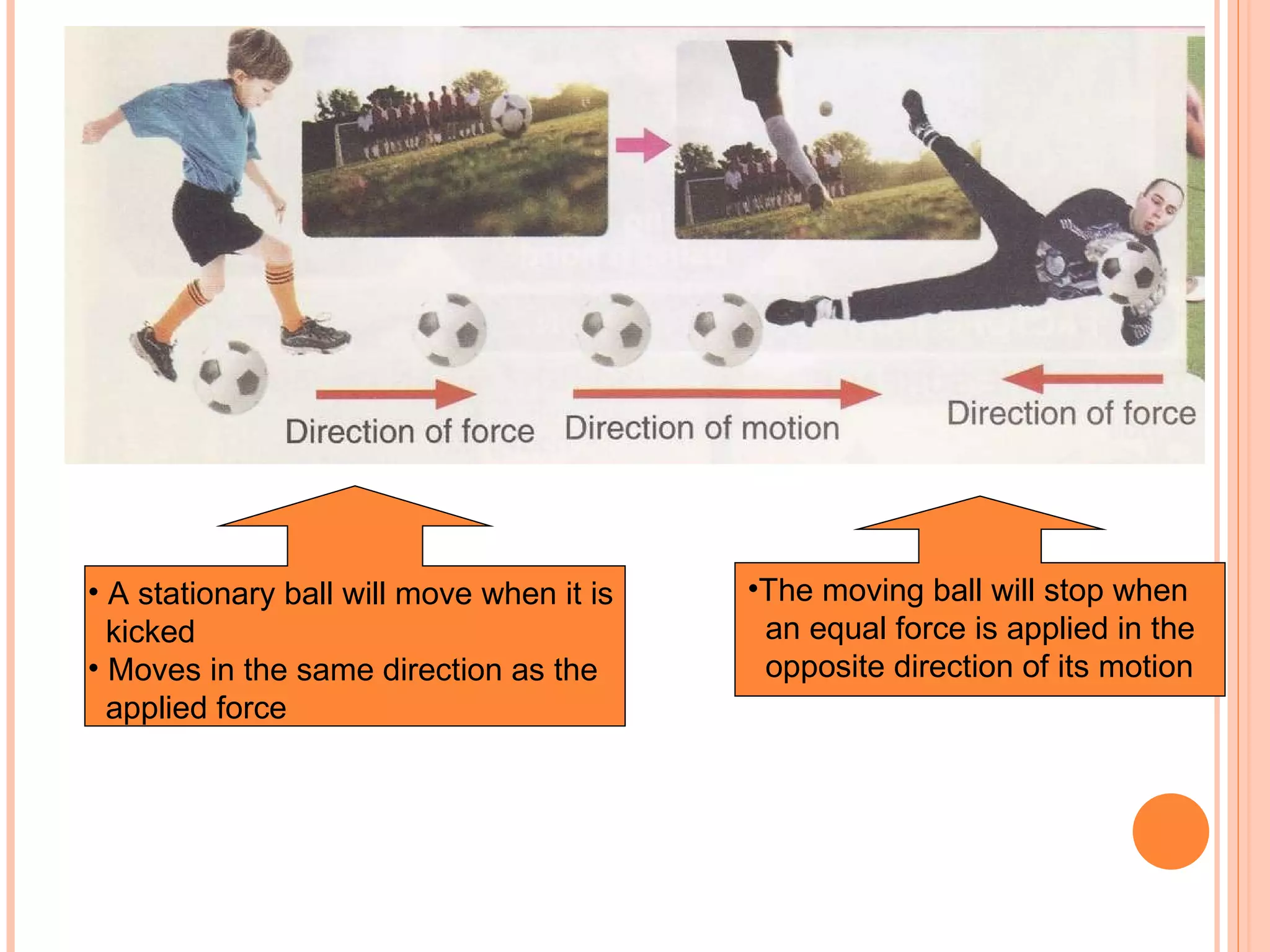 A stationary ball will move when it is  kicked  Moves in the same direction as the applied force The moving ball will stop when  an equal force is applied in the  opposite direction of its motion 