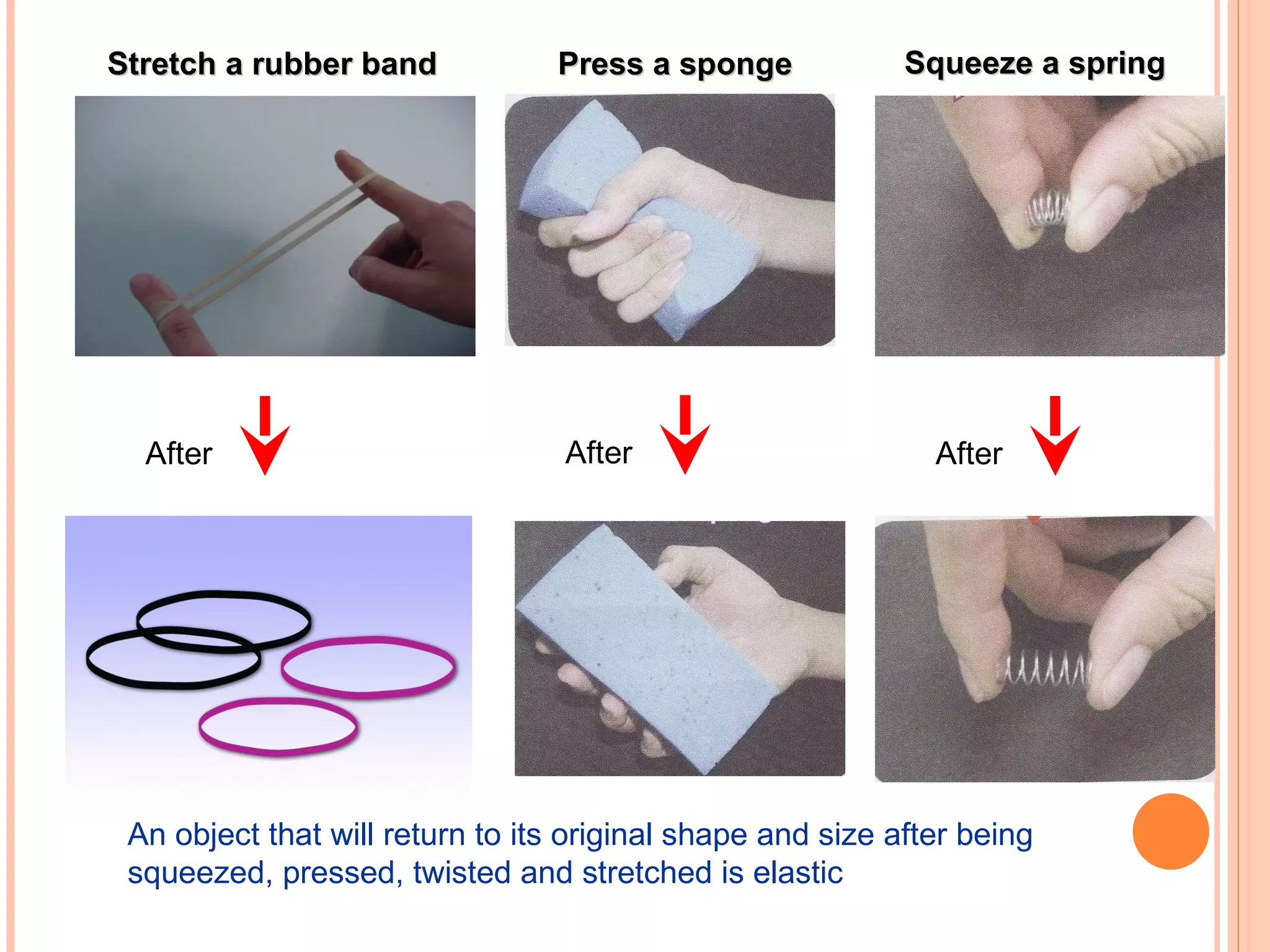 Stretch a rubber band After An object that will return to its original shape and size after being squeezed, pressed, twisted and stretched is elastic After After Press a sponge Squeeze a spring 